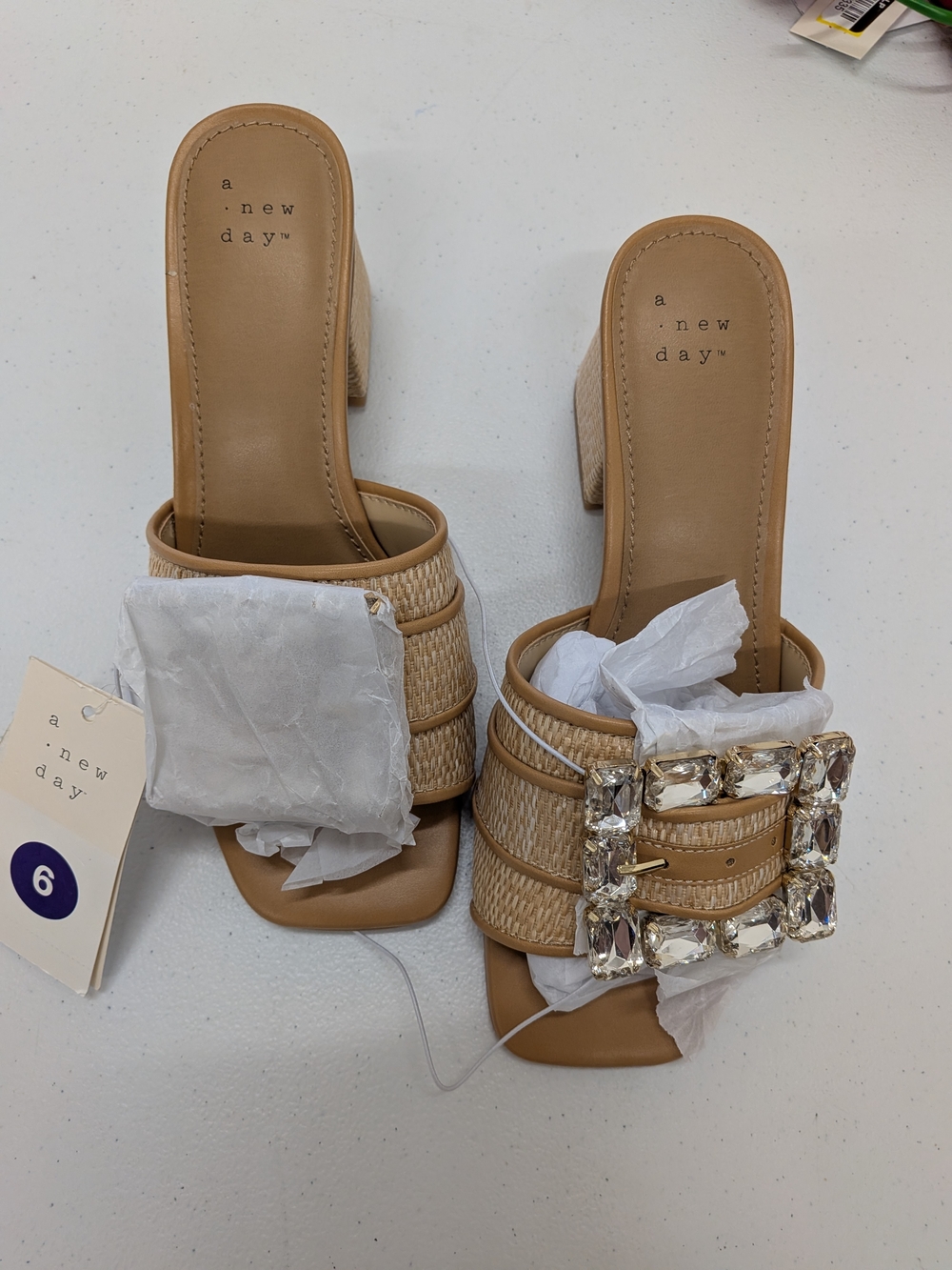 A New Day Raffia Block Heel Sandals Women’s Size 6 NWT Tan Jewel Buckle MuleHeel